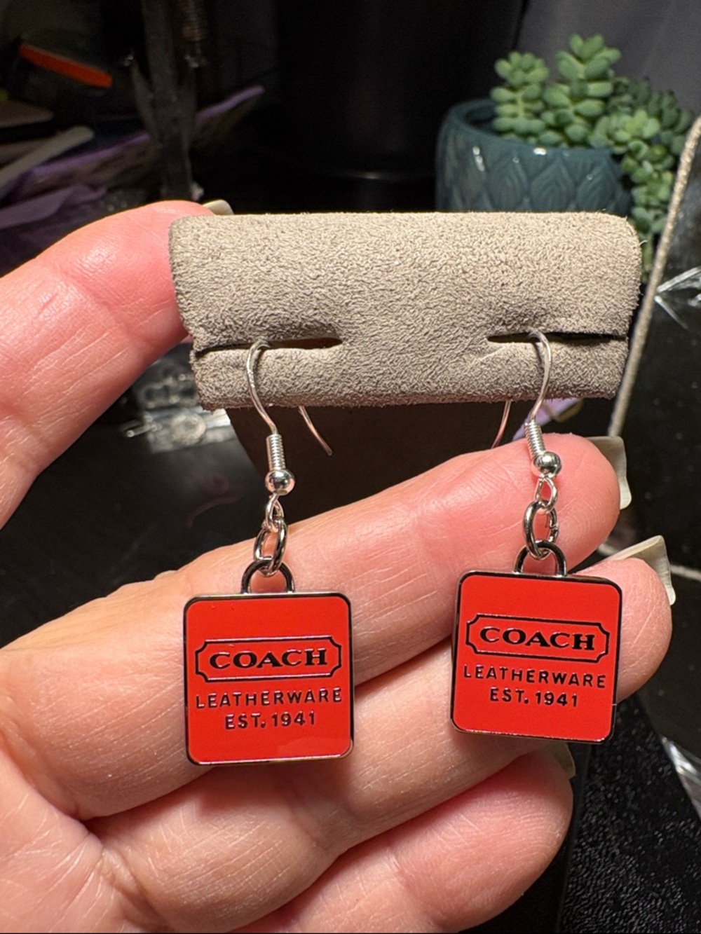 Coach Red Logo Dangle Earrings